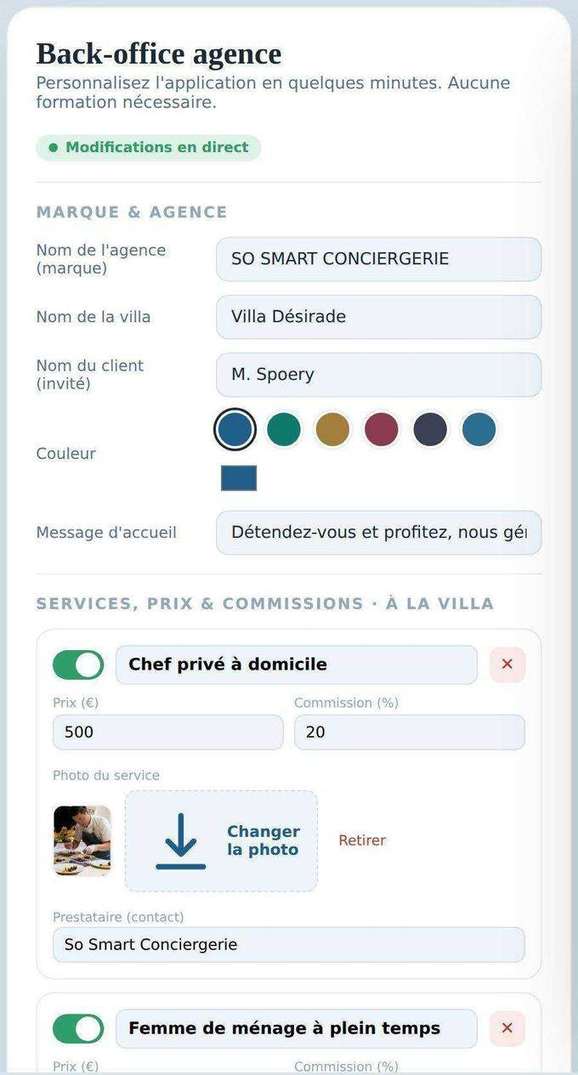 Back-office Majord, écran de personnalisation de l'agence