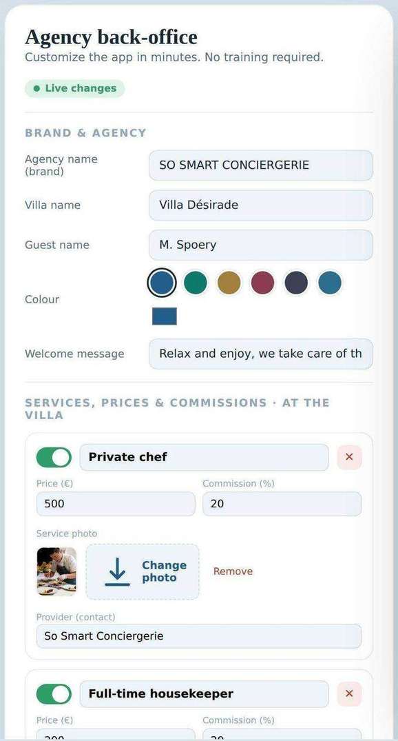 Majord back-office: agency name, villa, brand color and welcome message