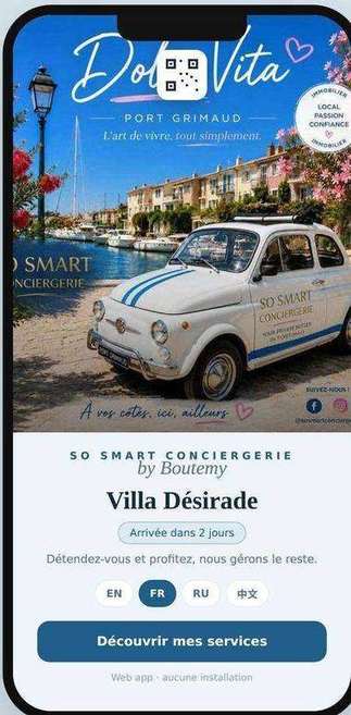 Écran d'accueil personnalisé avec nom de la villa et catalogue de services